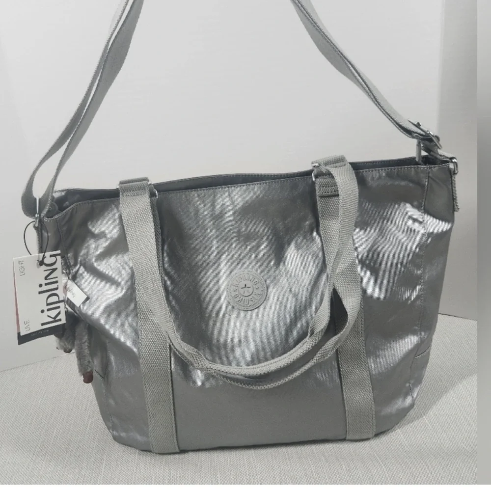 Kipling Adara Large Crossbody Tote Bag Smooth Silver Metallic